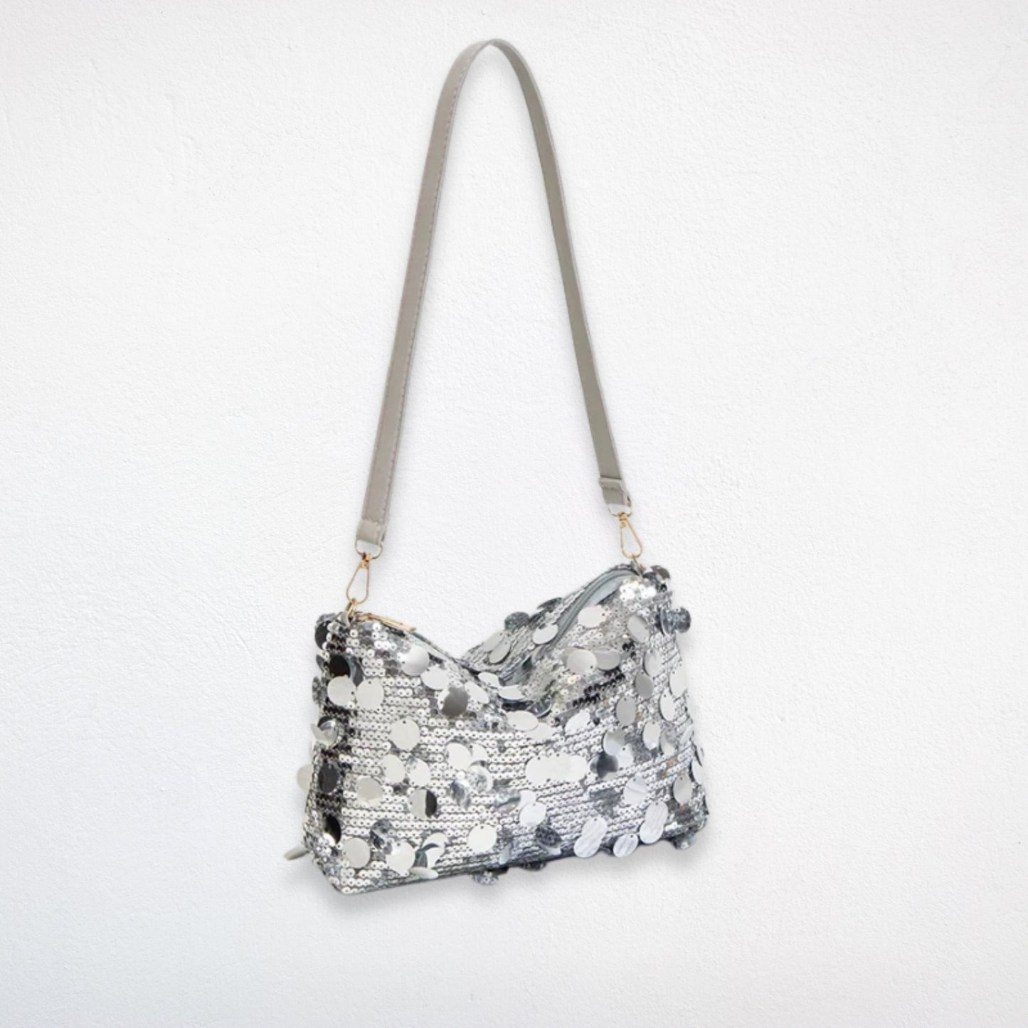 sac bandoulière paillettes argent