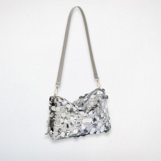 sac bandoulière paillettes argent