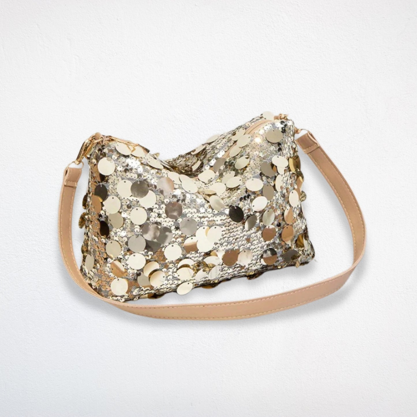 sac bandoulière paillettes dorées