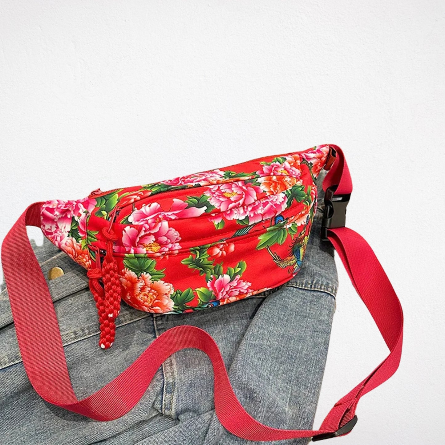 Sac Banane Fleuri rouge sangle devant