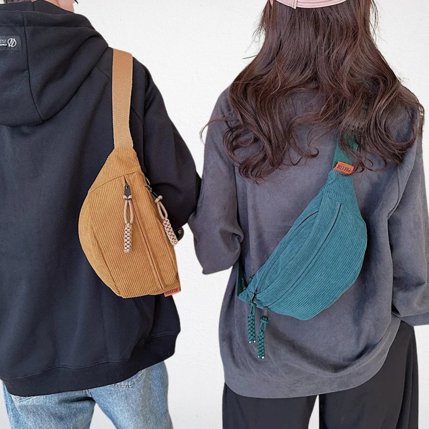Sac Banane en Velours Cotelé vert et marron sable porté