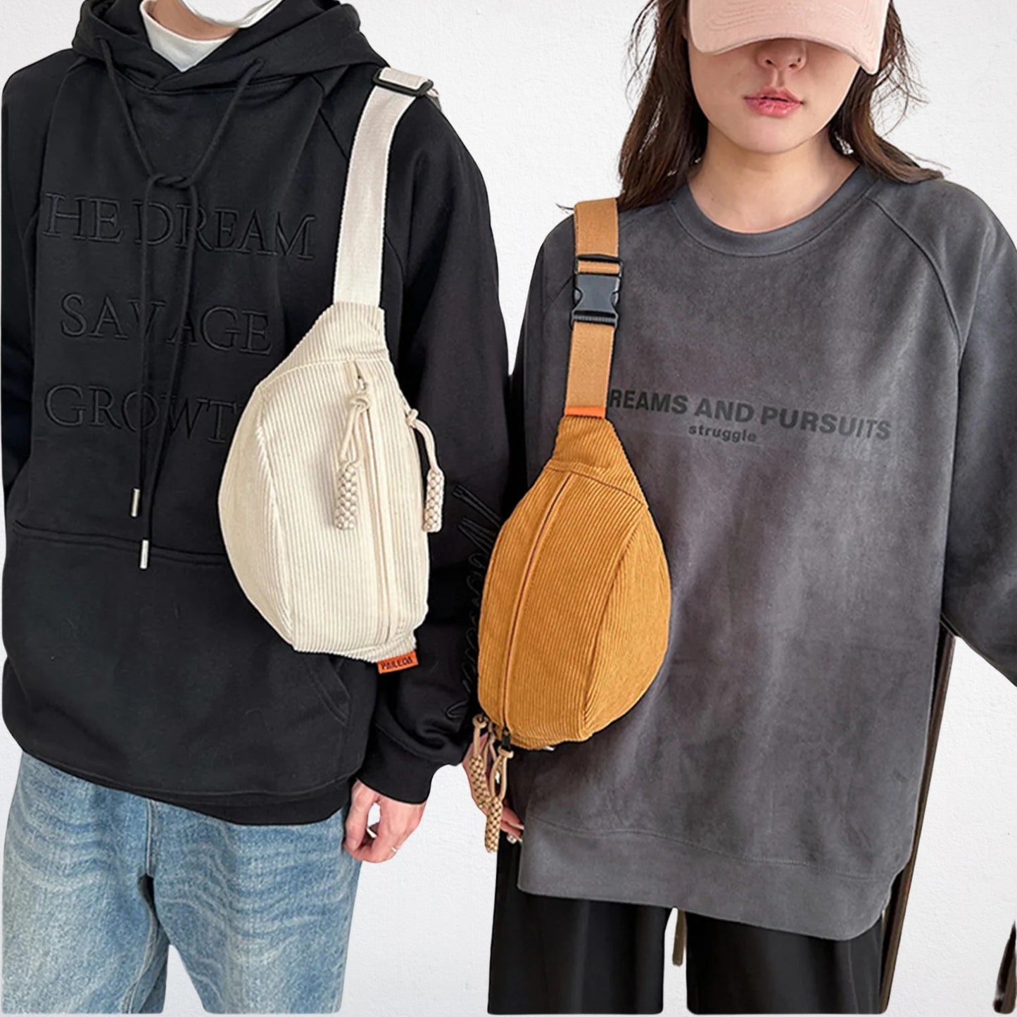 Sac Banane en Velours Cotelé blanc et marron able porté devant