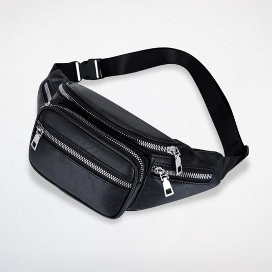 Sac Banane Noir en Cuir avec Lanière Tissu