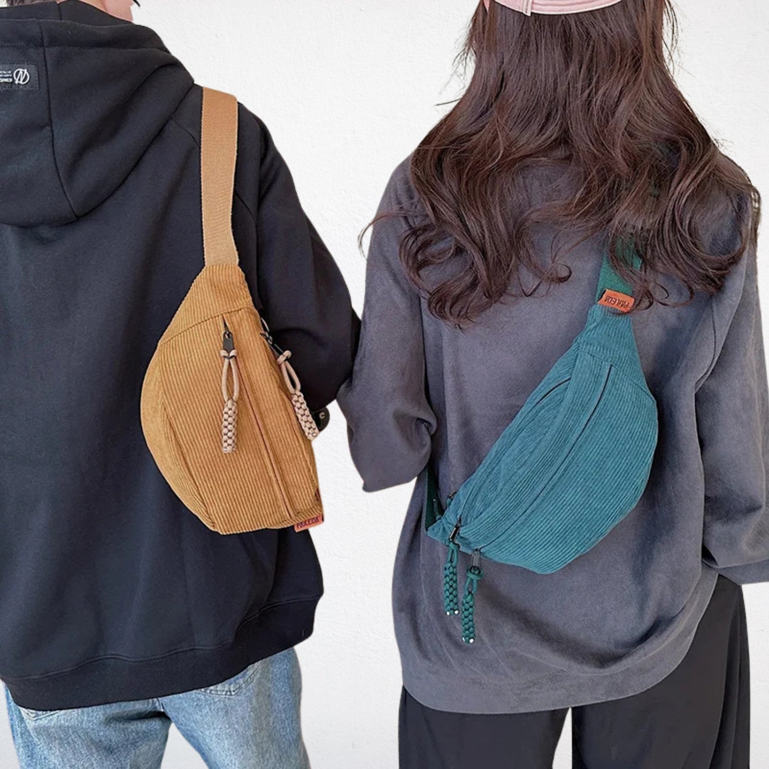 Sac Banane en Velours Cotelé vert et marron sable porté