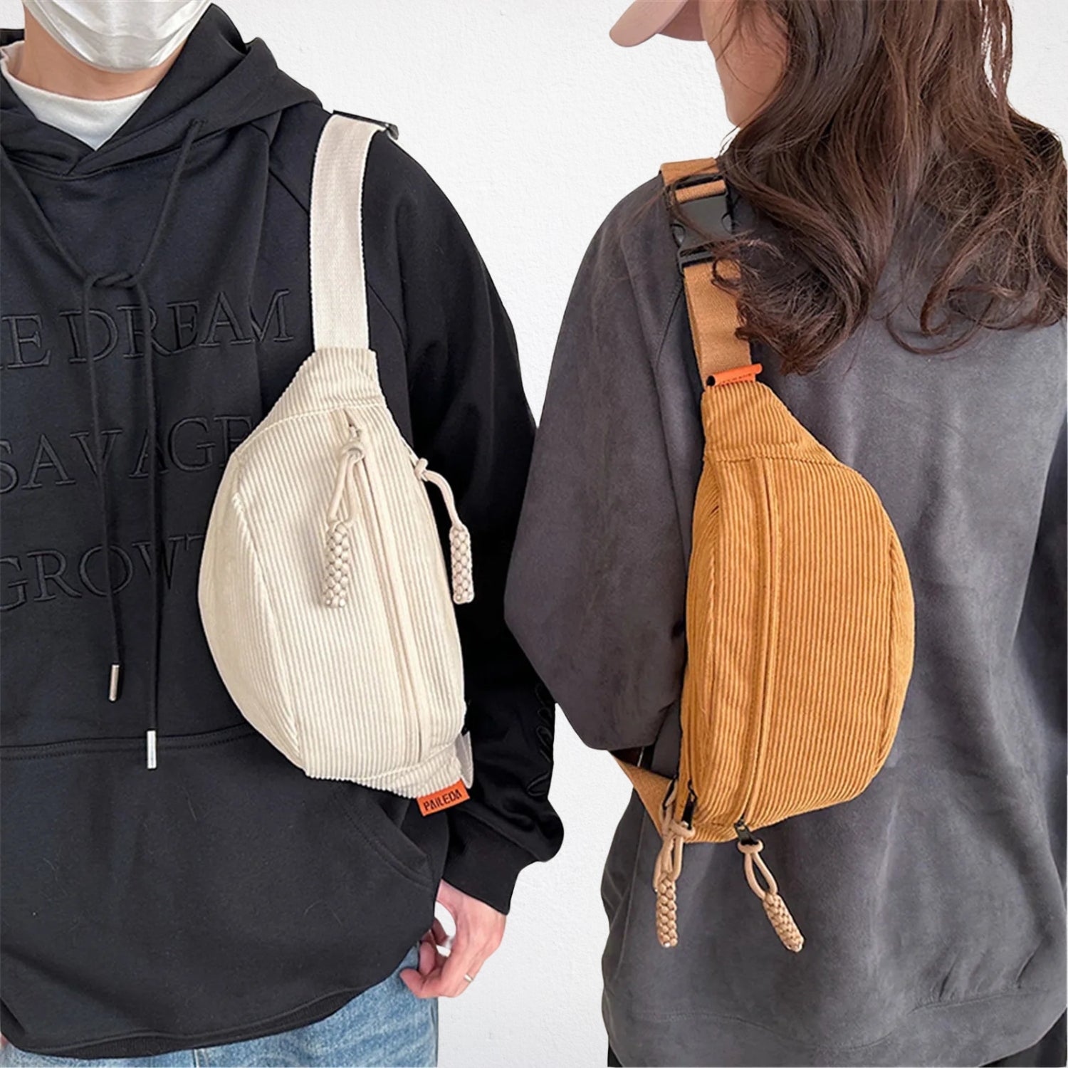 Sac Banane en Velours Cotelé blanc et marron sable porté