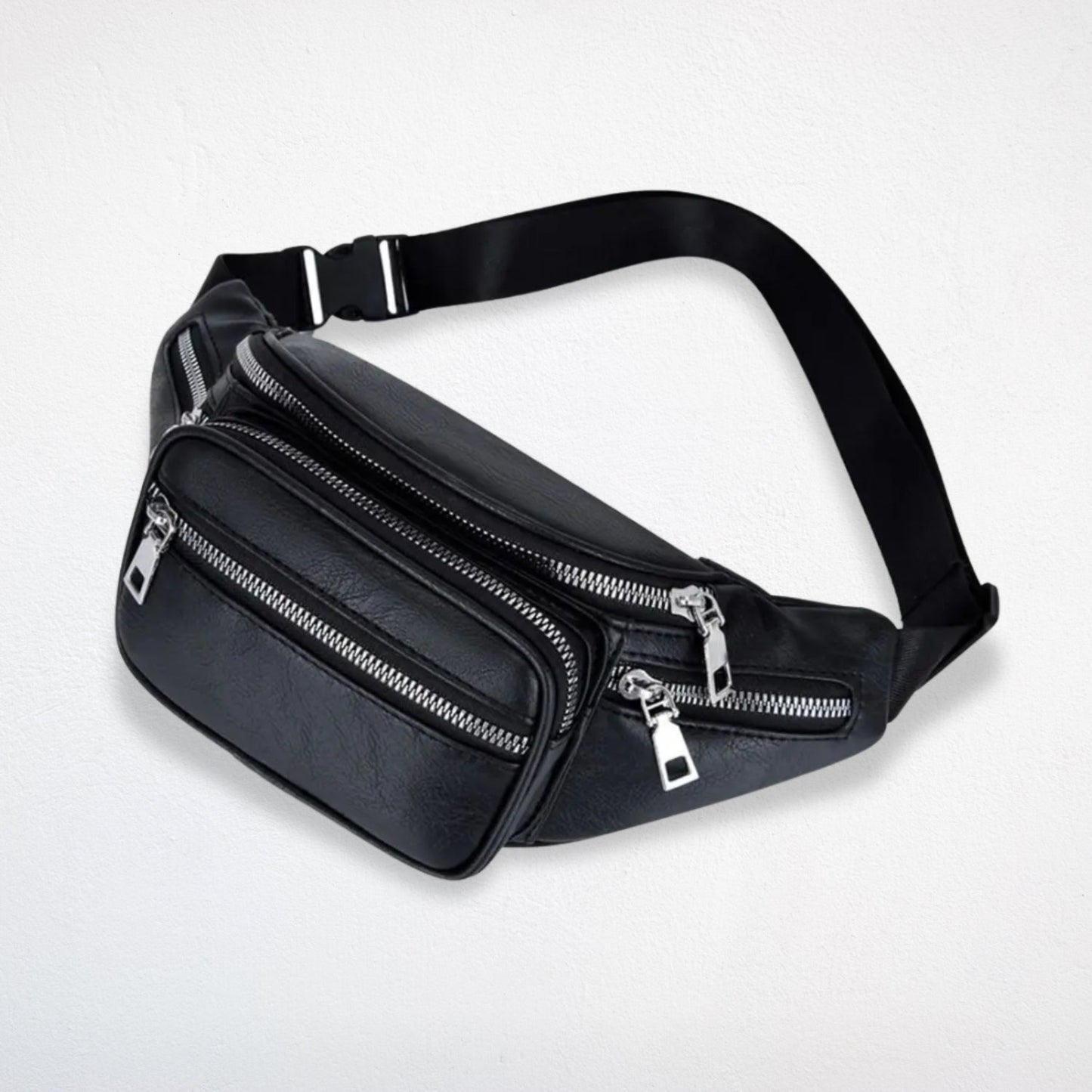 Sac Banane Noir en Cuir avec Lanière Tissu - Ayden