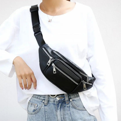 Sac Banane Noir en Cuir avec Lanière Tissu - Ayden